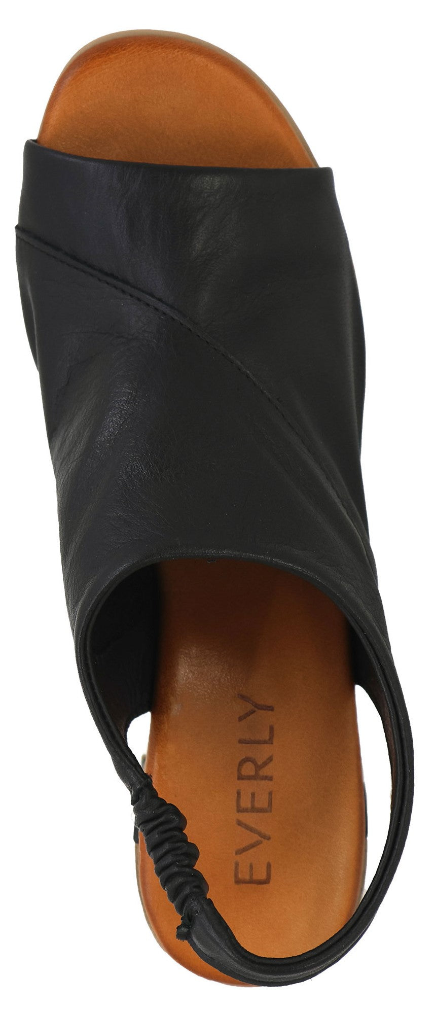 A black sandal with a slingback strap and a peep toe. The word "EVERLY" is written on the inner sole.