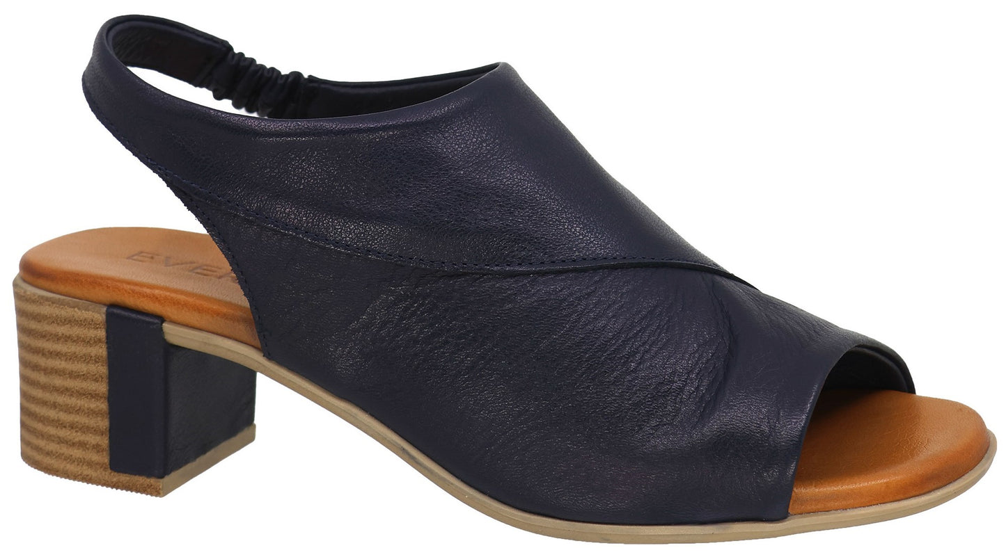 Navy heeled sandal with slingback and peep toe.