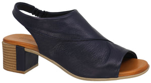 Navy heeled sandal with slingback and peep toe.