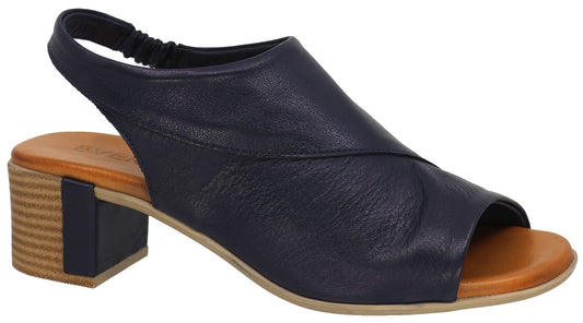Navy heeled sandal with slingback and peep toe.