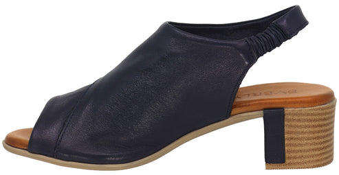 A women's navy-blue leather sandal with a block heel and peep-toe.