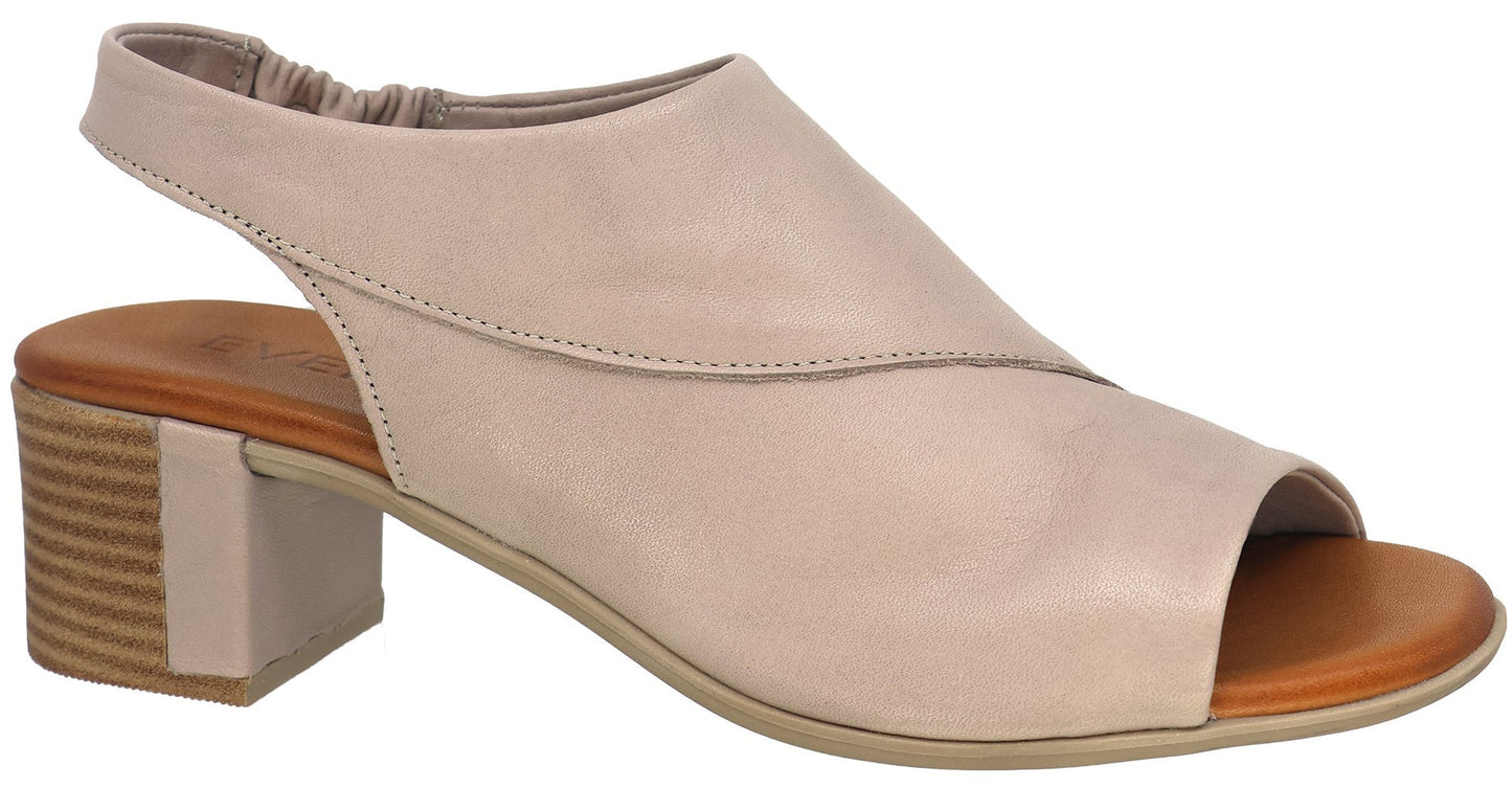Beige open-toed heeled sandal with a slingback strap.