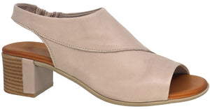 Beige open-toed heeled sandal with a slingback strap.