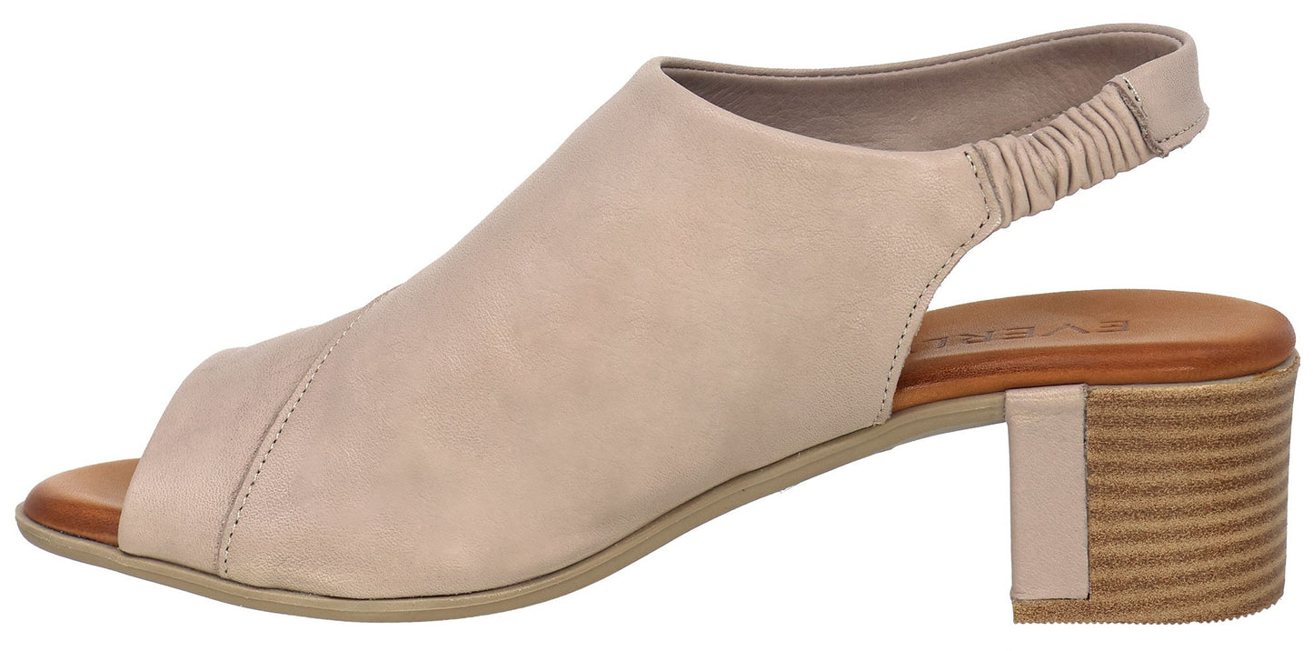 Beige peep-toe heeled sandal with a block heel and elastic ankle strap.