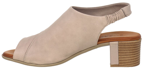 Beige peep-toe heeled sandal with a block heel and elastic ankle strap.