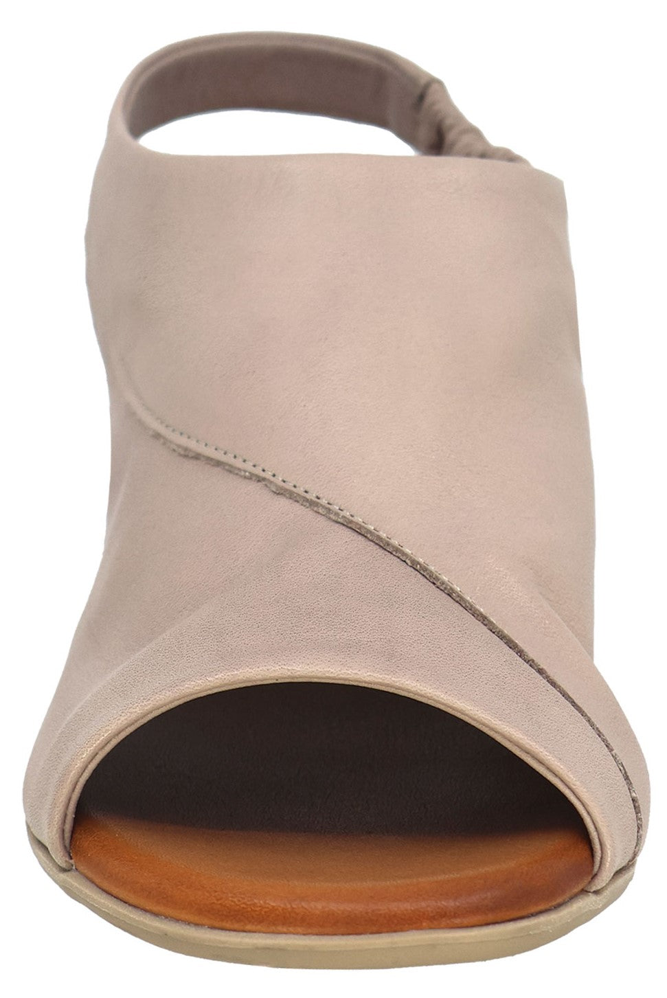 Beige open toe slingback heel.