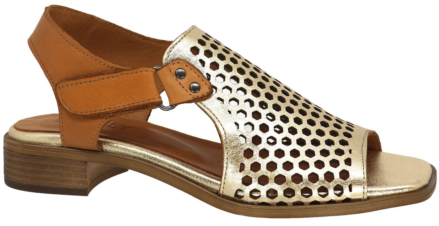 Gold sandal with tan ankle strap and a low block heel.