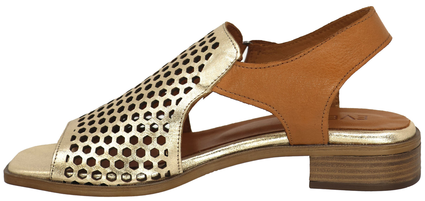 Gold and brown leather sandal with cutout design.
