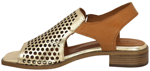 Gold and brown leather sandal with cutout design.