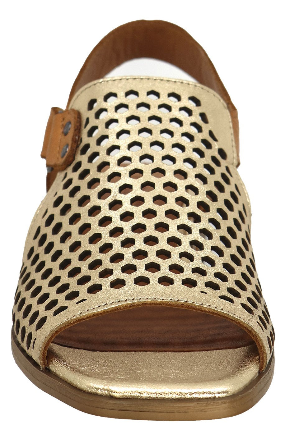 Gold sandal with honeycomb patterned upper and tan buckle strap
