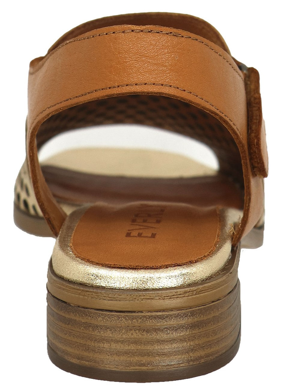 Back view of light brown sandal with leopard print and velcro closure.