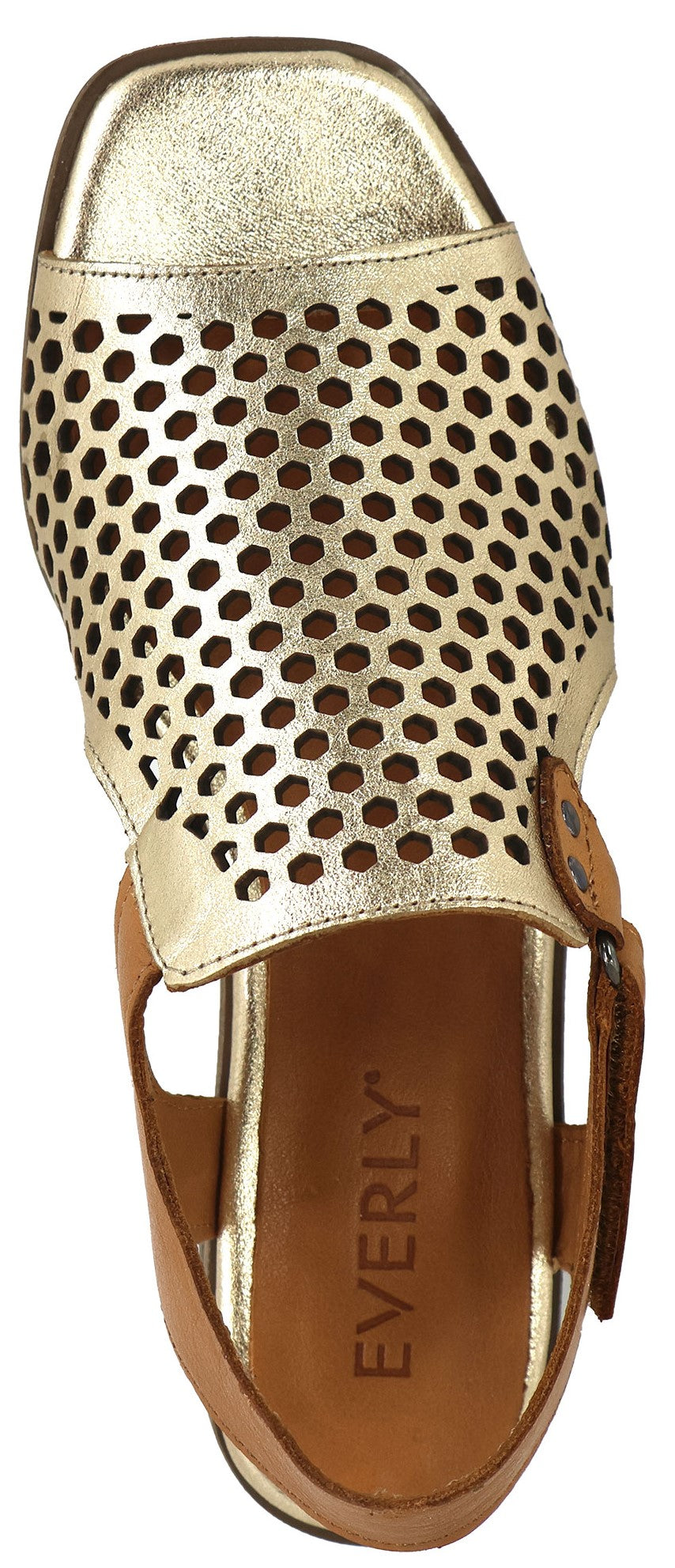 A gold sandal with decorative circular cutouts and a brown strap.