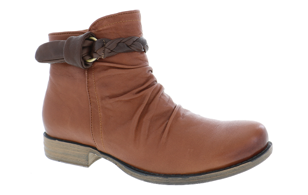 Tan ankle boot with strap and braided accent.