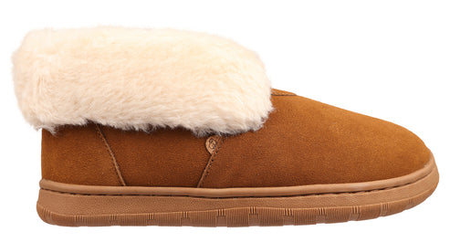 Tan suede slipper with a cream-colored faux fur cuff and a low profile rubber sole.