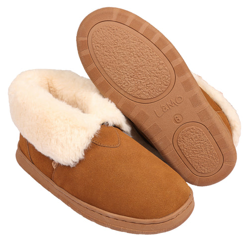 Tan suede slipper boots with thick, cream-colored faux fur lining and brown rubber soles.