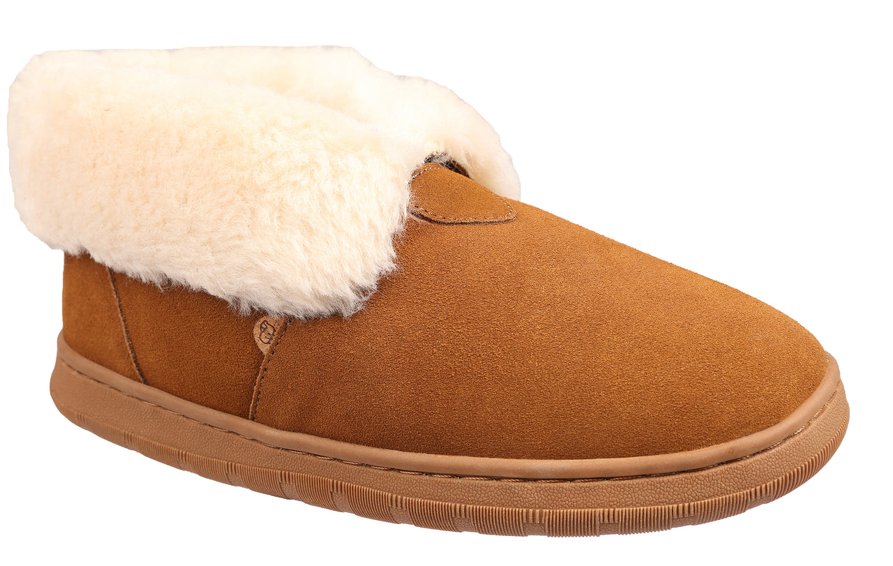 Tan suede slipper with cream-colored faux fur trim and rubber sole