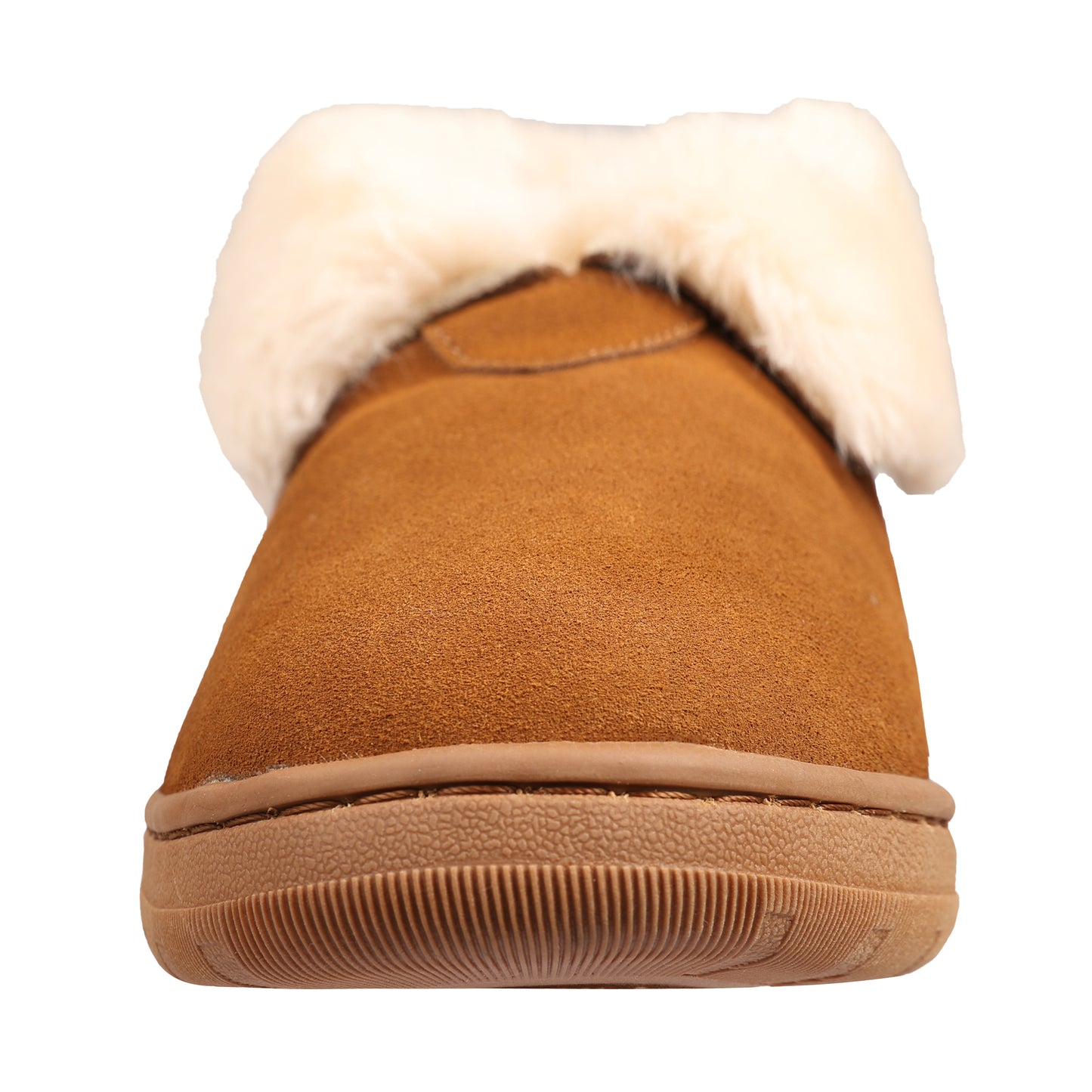 Tan slipper with plush white trim.