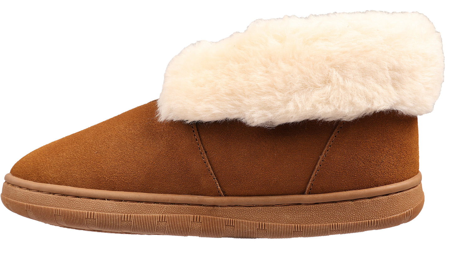 Tan slipper with thick faux fur collar.