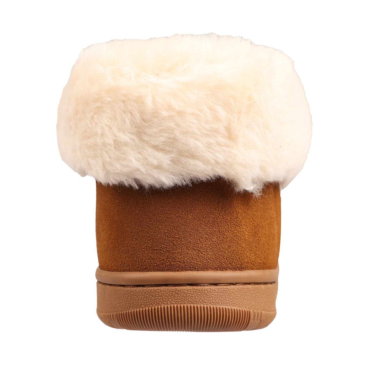 Chestnut colored slipper with cream faux fur trim