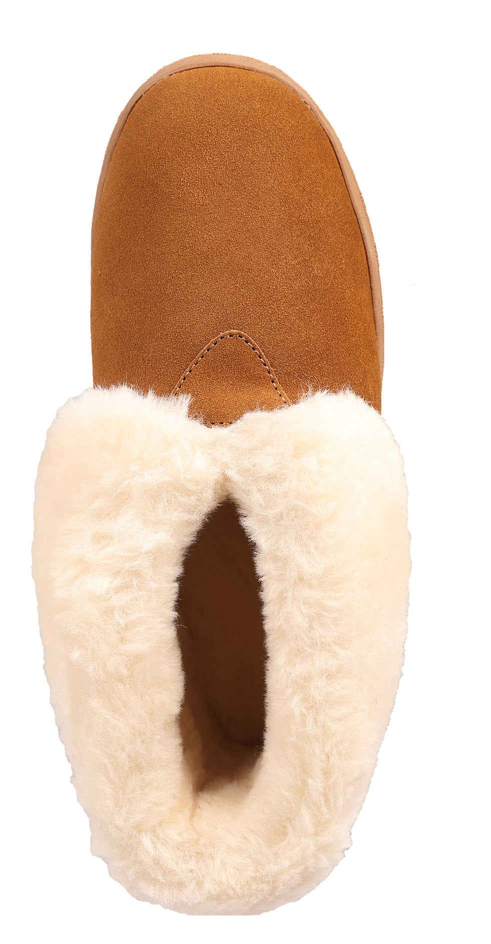 Tan slipper with white faux fur lining.