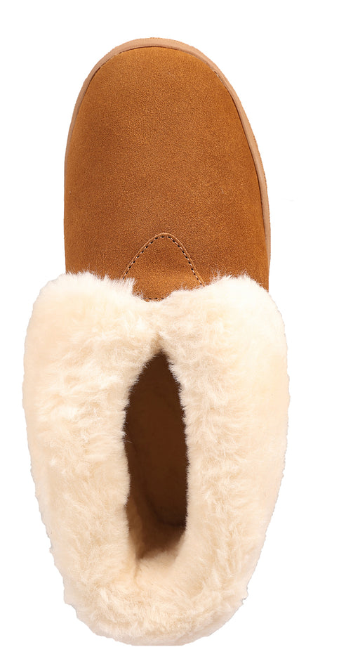 Tan slipper with white faux fur lining.