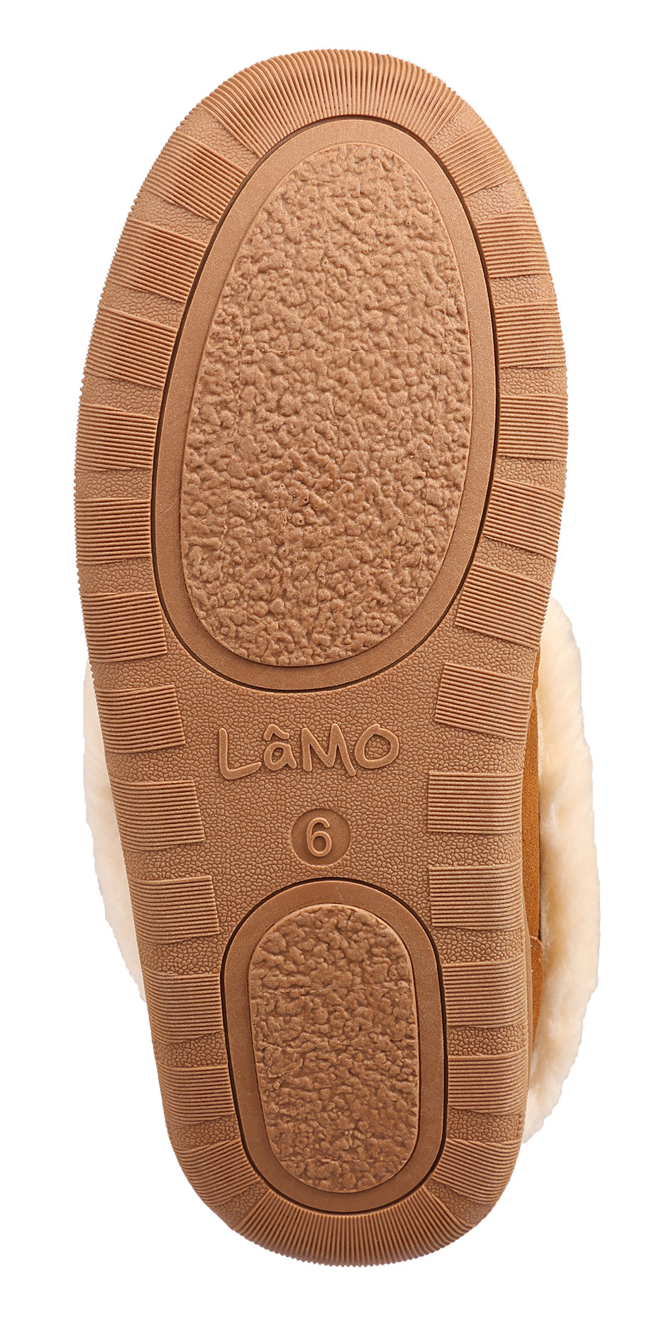 Tan rubber sole with textured grip; embossed logo and size '6'.