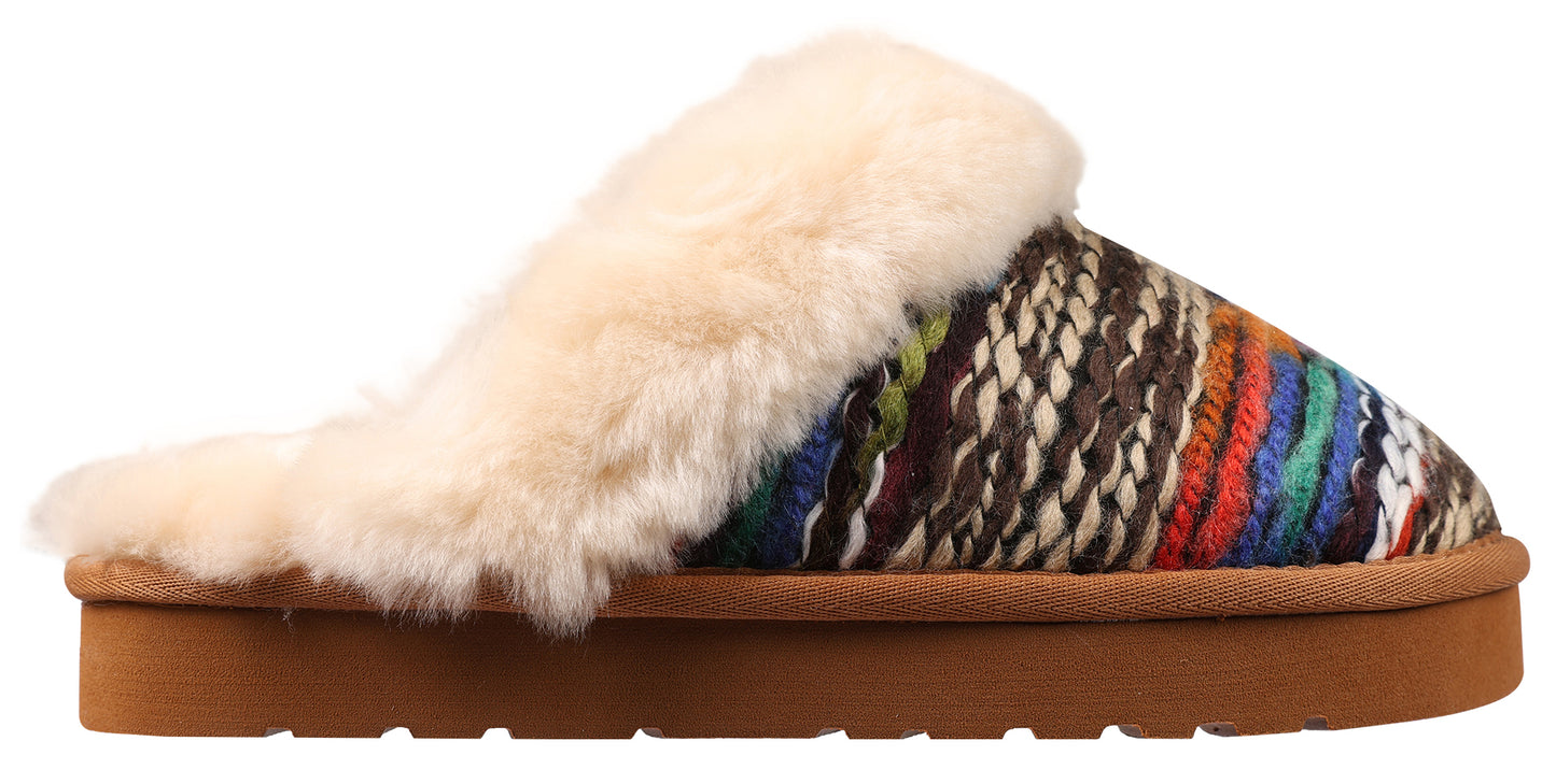 Wool and fabric mule slipper with fur trim and rubber sole.