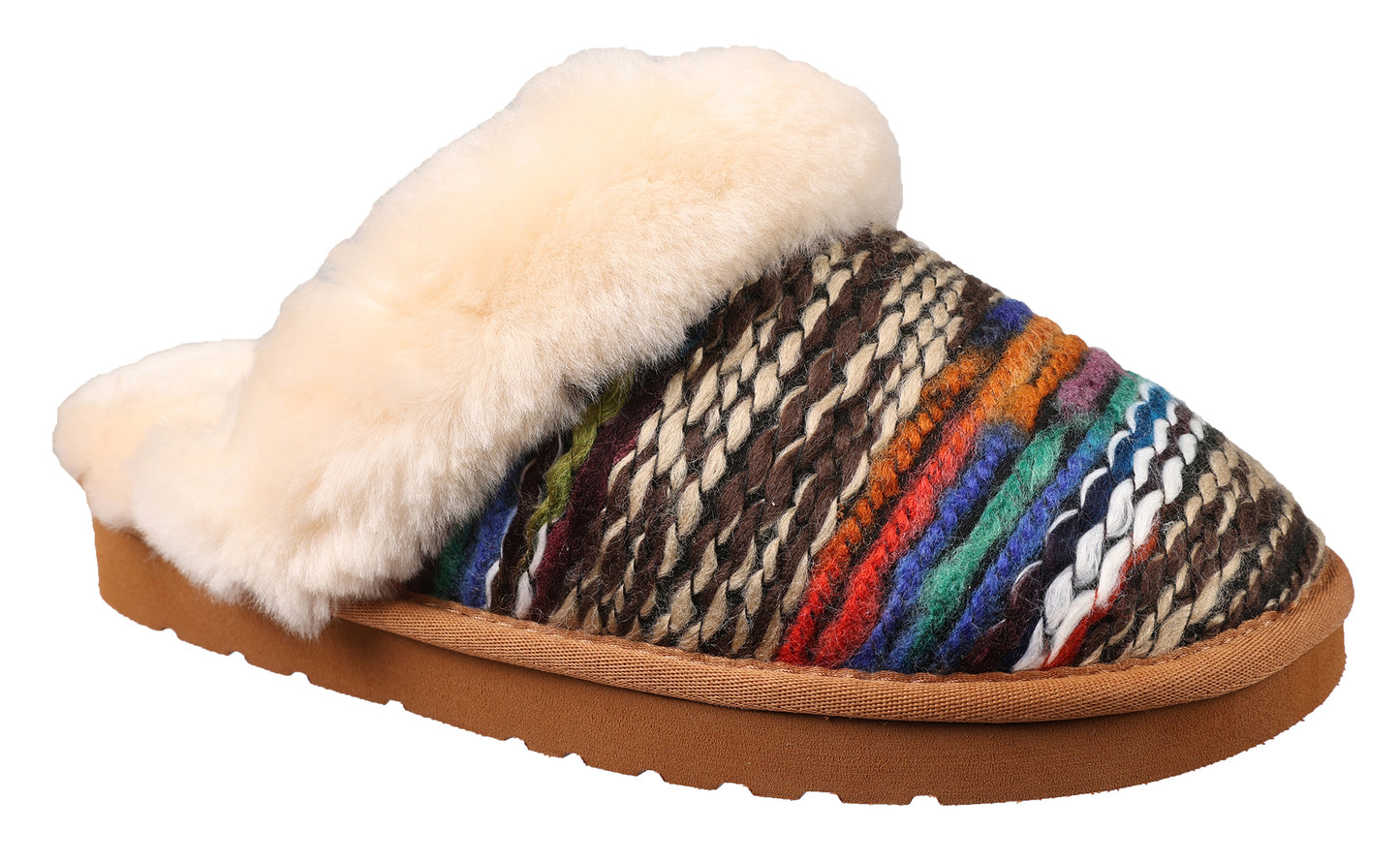 Mule style slipper with multicolored woven upper, white fur trim, and brown sole.