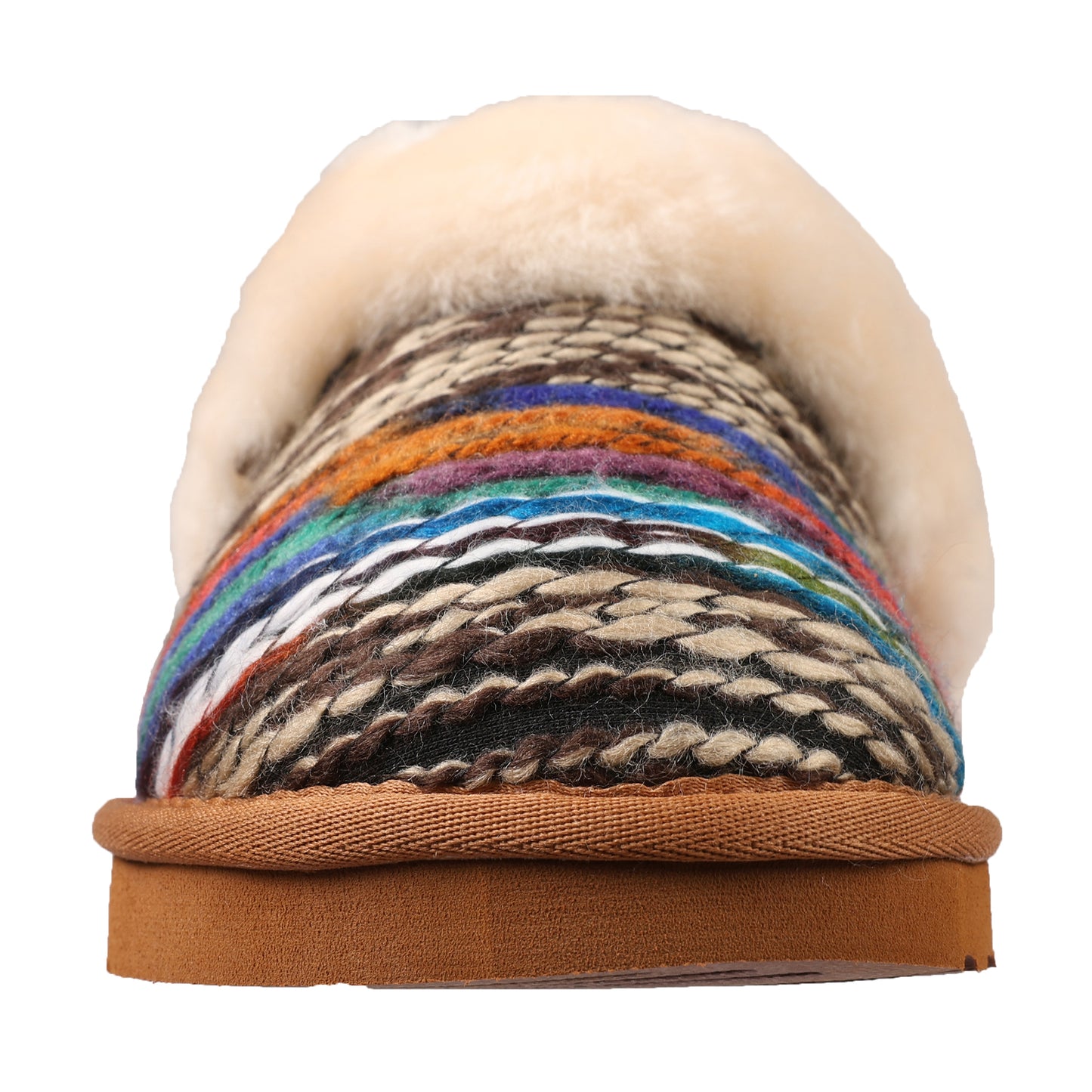Fuzzy open-back slipper with striped, woven fabric.