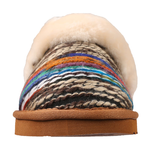 Fuzzy open-back slipper with striped, woven fabric.