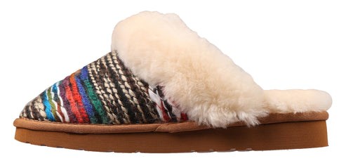 A slipper with colorful woven upper and cream-colored faux fur trim and brown sole.