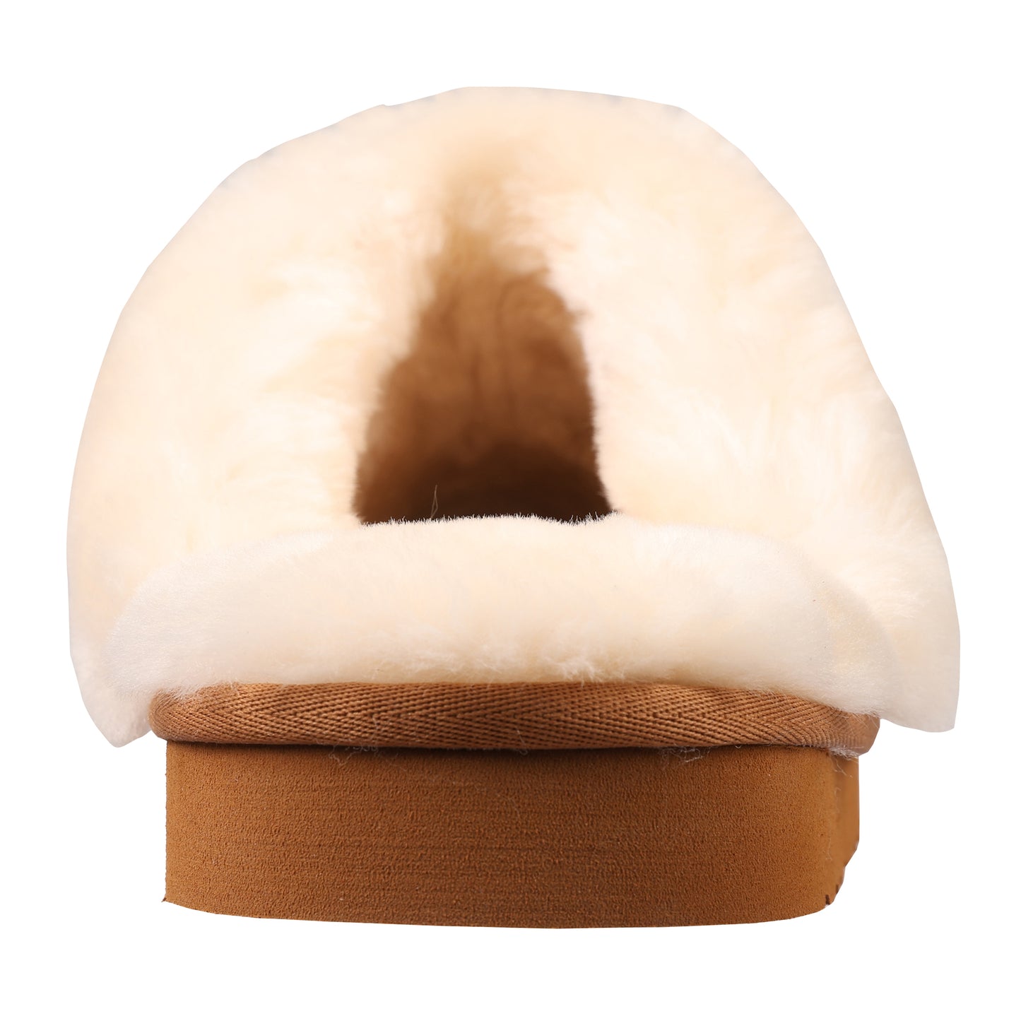 Tan clog with white fur interior.