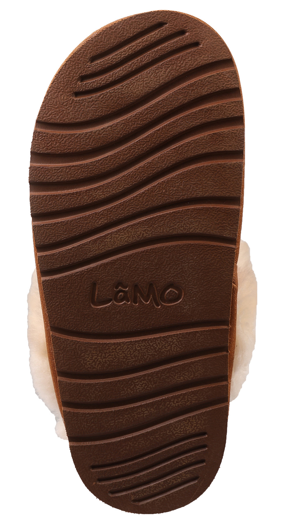Brown slide sandal bottom with wavy treads, branded with "Lamo".
