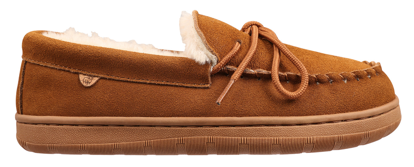 Brown suede moccasin slipper with laces and a faux fur lining.