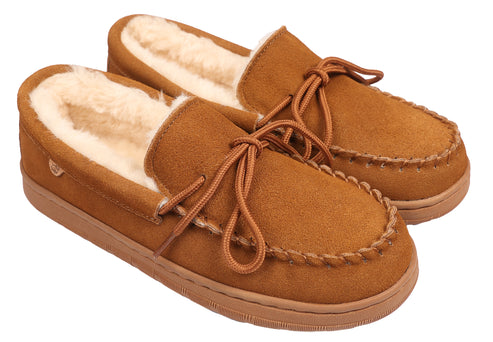 Pair of brown suede moccasin slippers with faux fur lining and tied laces.
