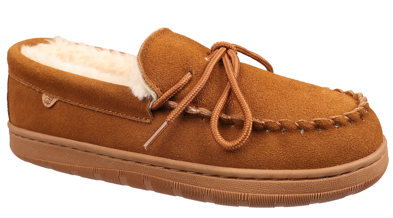 A brown suede moccasin slipper with cream-colored lining and brown laces.