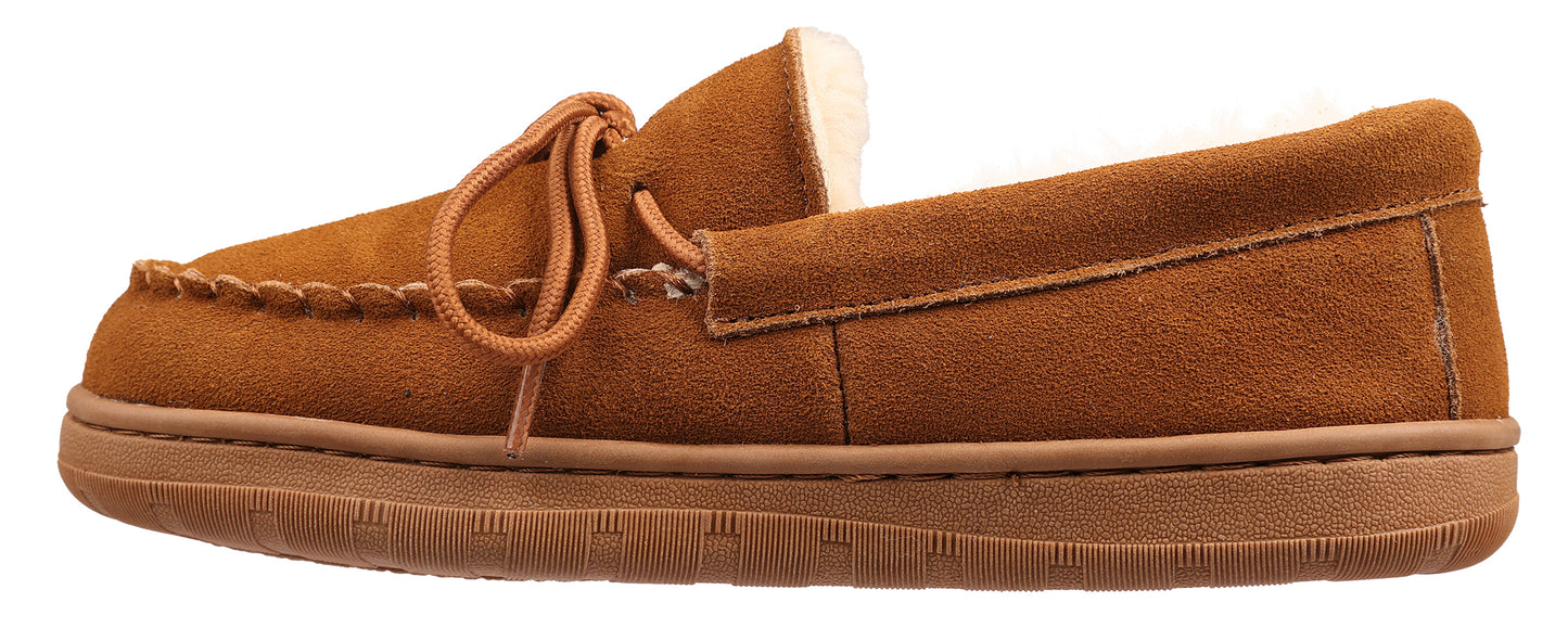 Brown suede moccasin slipper with laces.
