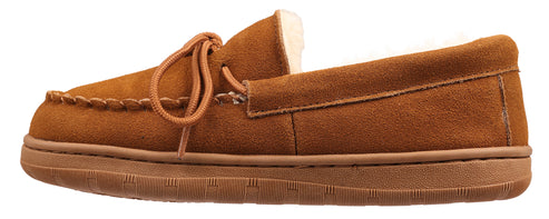 Brown suede moccasin slipper with laces.