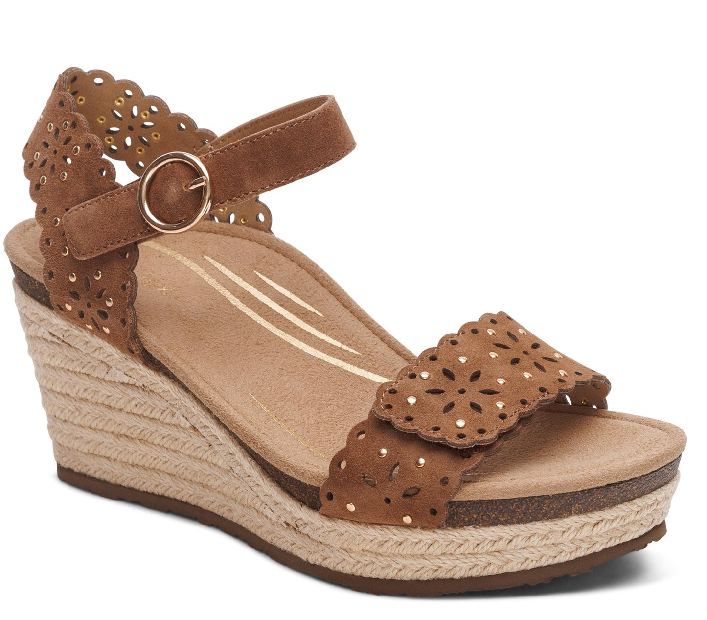 A brown wedge sandal with an ankle strap and a jute platform.