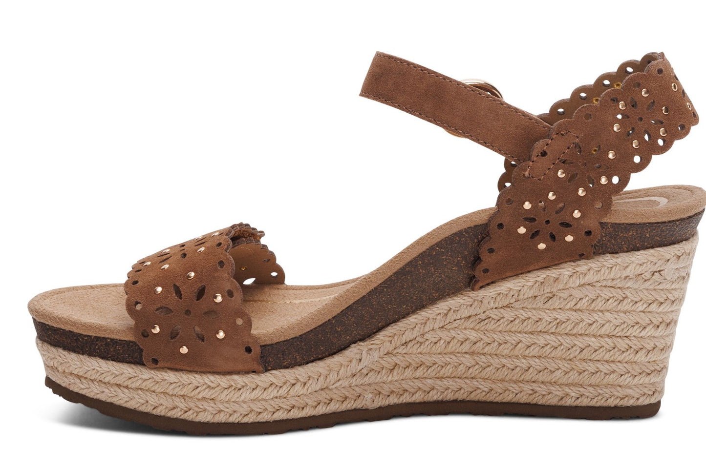 Brown wedge sandals with ankle strap and floral cutouts.