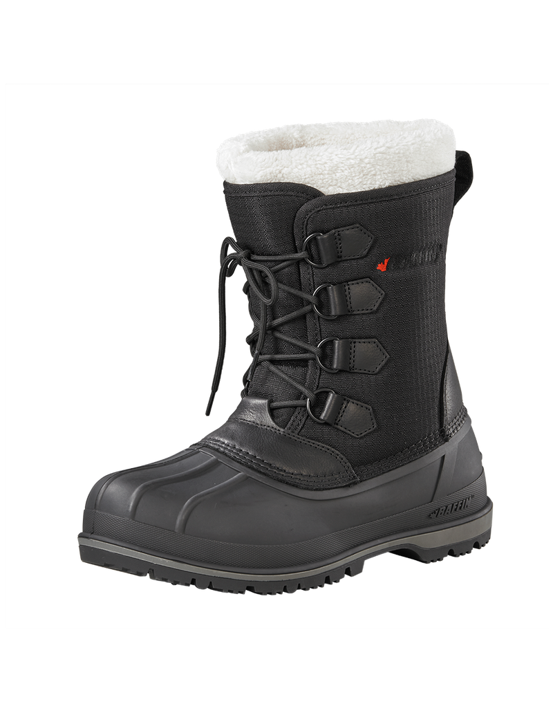 Black winter boot with faux fur trim and lace-up closure.