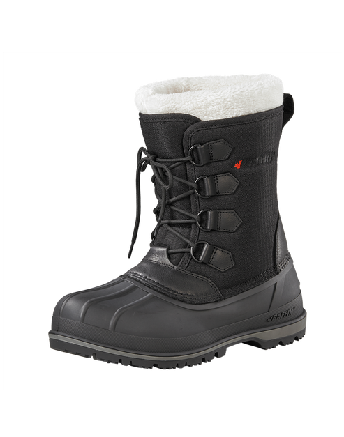 Black winter boot with faux fur trim and lace-up closure.