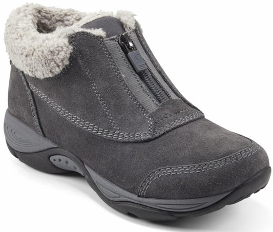 Gray suede ankle boot with a front zipper and faux fur trim.