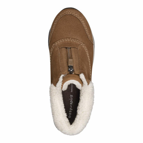Tan suede slipper with a white faux fur lining and a front zipper
