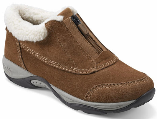 Brown suede ankle boot with white faux fur lining and a front zipper.