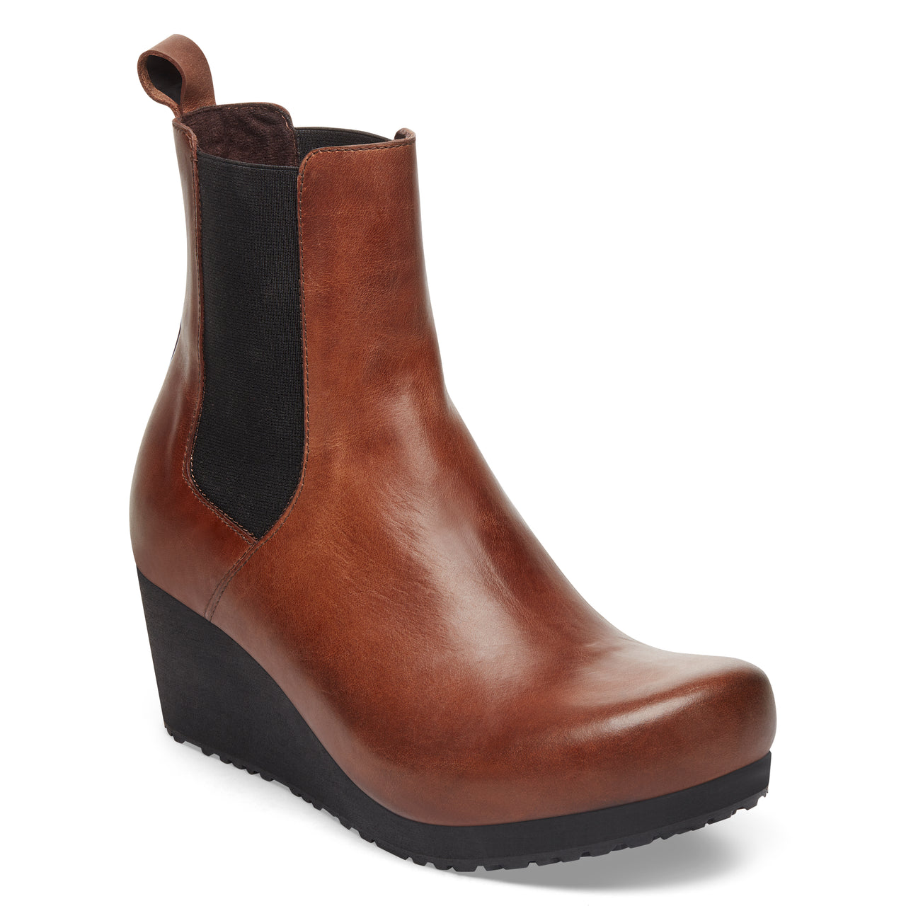 Brown wedge-heeled ankle boot with black elastic side panels and pull tab.