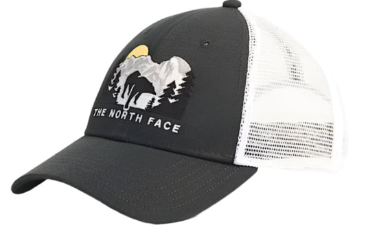 Charcoal and white trucker hat with the words "THE NORTH FACE" embroidered on the side and a mountain graphic.