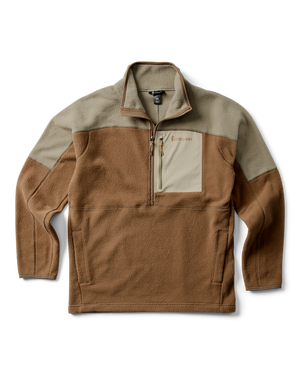 Brown and tan fleece pullover with zipper and pocket.