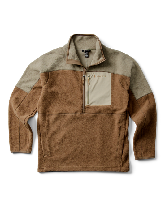 Brown and tan fleece pullover with zipper and pocket.