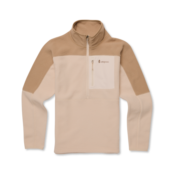 Tan fleece quarter-zip pullover with chest pocket.